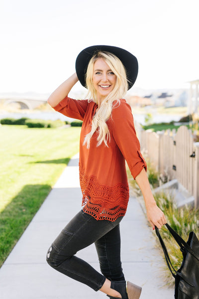 Pumpkin Spice Lace Hem Blouse