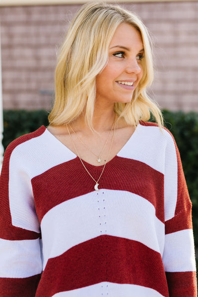 Room With A View Striped V-Neck Sweater in Rust