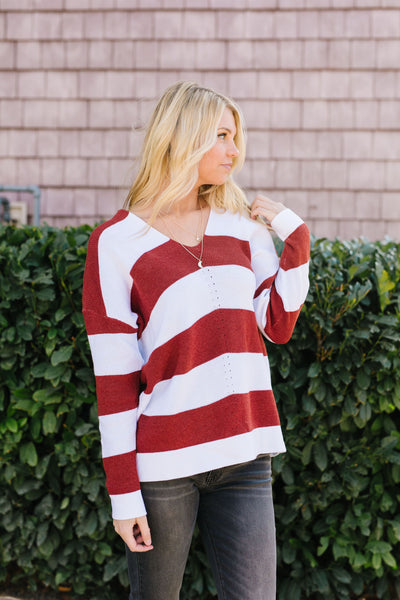 Room With A View Striped V-Neck Sweater in Rust