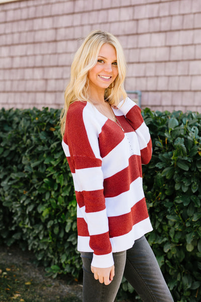 Room With A View Striped V-Neck Sweater in Rust