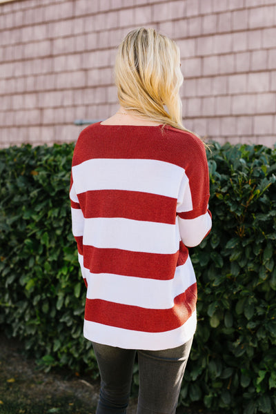 Room With A View Striped V-Neck Sweater in Rust