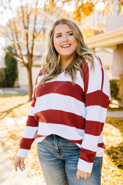 Room With A View Striped V-Neck Sweater in Rust