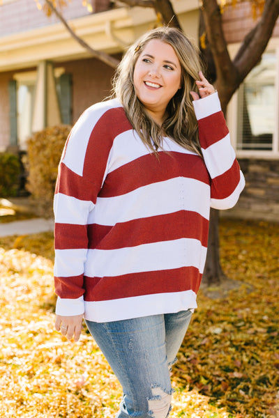 Room With A View Striped V-Neck Sweater in Rust