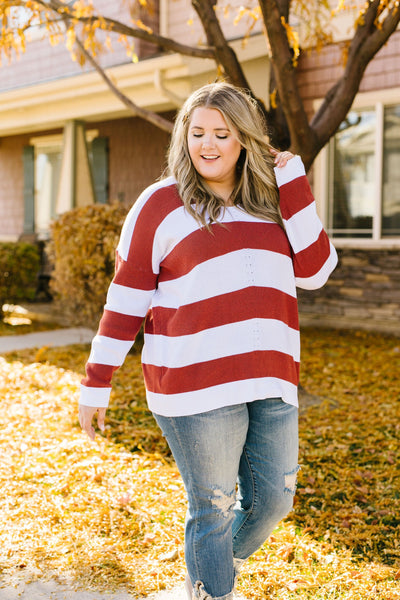 Room With A View Striped V-Neck Sweater in Rust