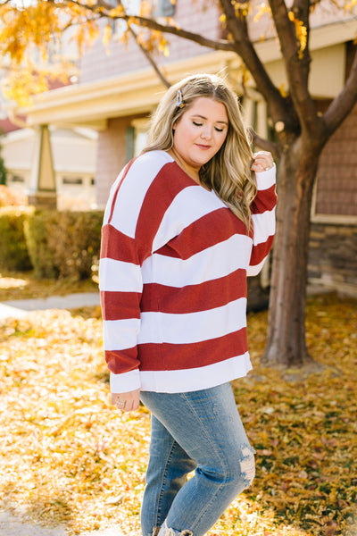 Room With A View Striped V-Neck Sweater in Rust