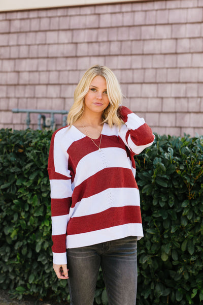 Room With A View Striped V-Neck Sweater in Rust