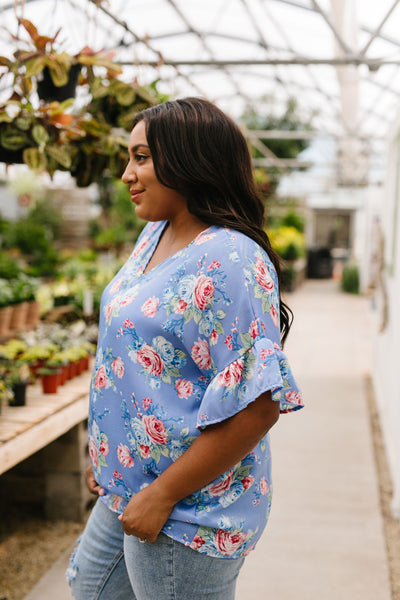 Satin Rose Blouse In Blue