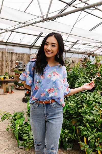 Satin Rose Blouse In Blue