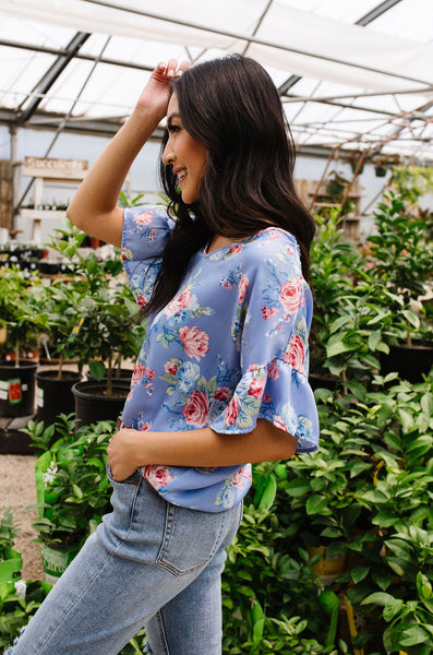 Satin Rose Blouse In Blue