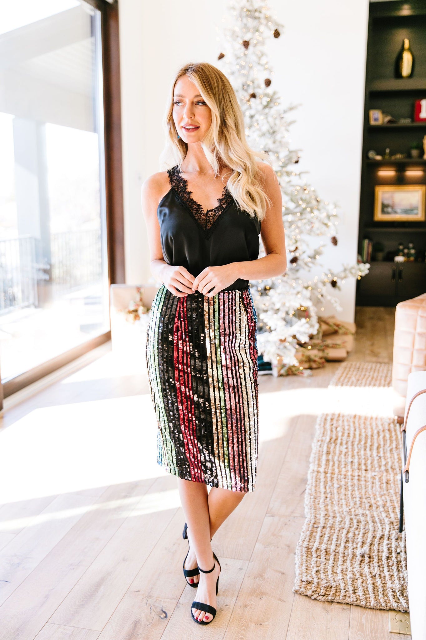 Sequin Kaleidoscope Striped Pencil Skirt