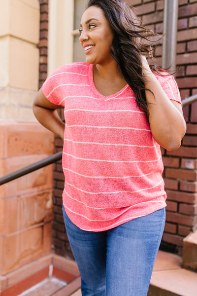 Sheer Summer Striped Top In Coral