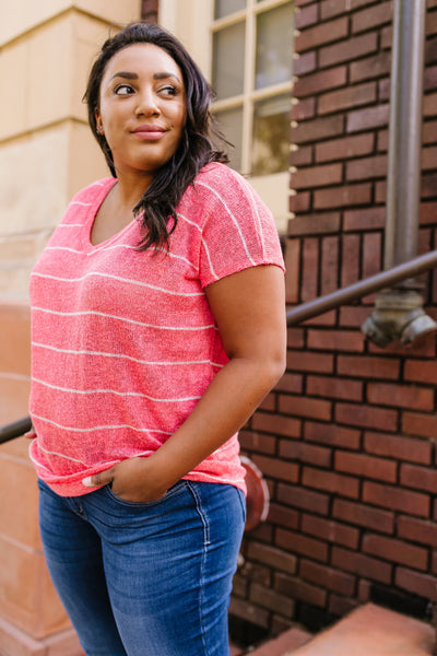 Sheer Summer Striped Top In Coral