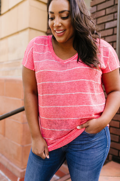 Sheer Summer Striped Top In Coral