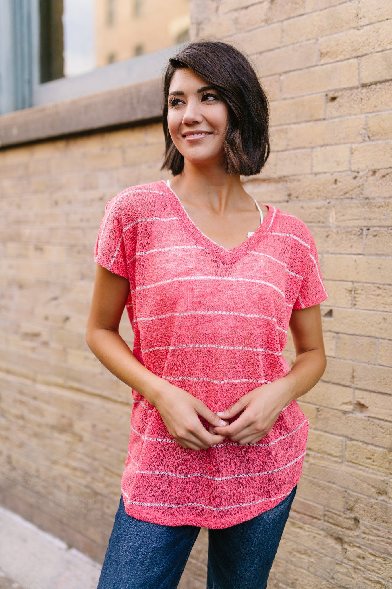 Sheer Summer Striped Top In Coral