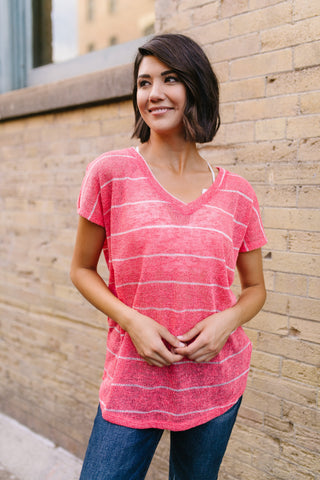 Sheer Summer Striped Top In Coral