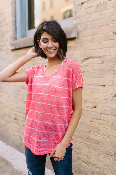 Sheer Summer Striped Top In Coral