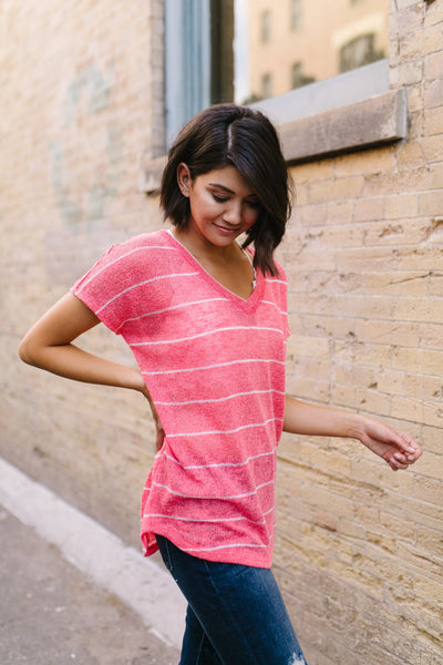 Sheer Summer Striped Top In Coral