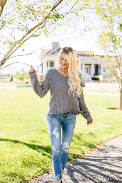 Shredded Hem Charcoal Sweater