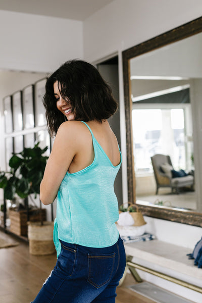 Silky Button-Down Tank In Aqua