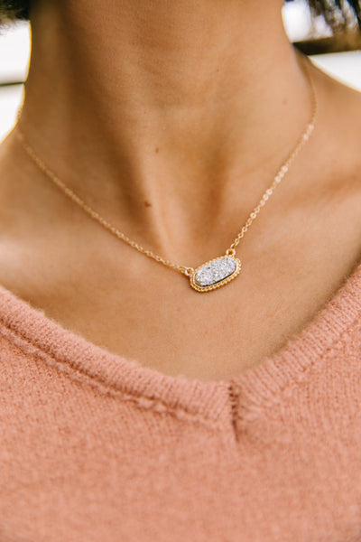 Silver & Gold Druzy Necklace + Stud Earring Set