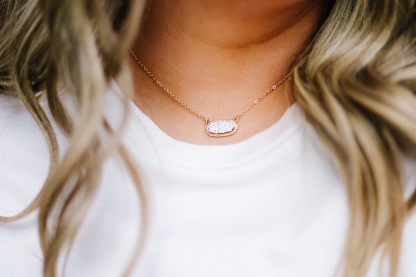 Silver & Gold Druzy Necklace + Stud Earring Set