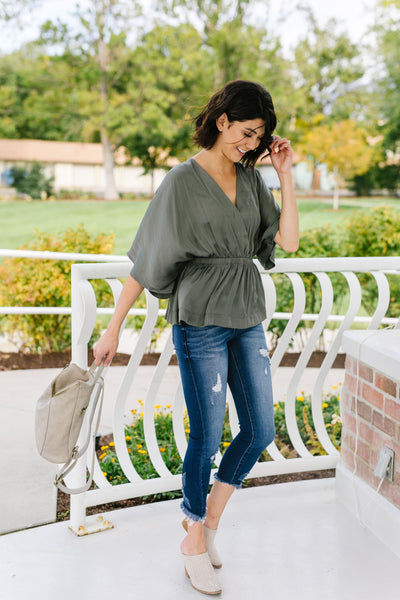 Slate Wrap Front Kimono Blouse