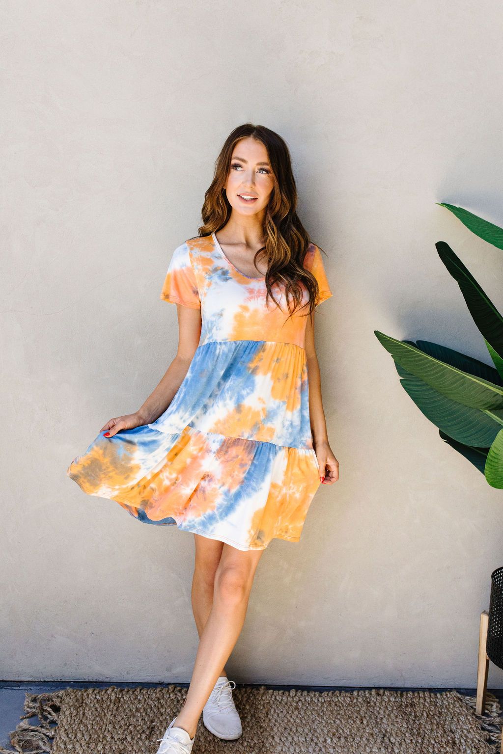 Tiered Tie Dye Dress In Orange & Blue