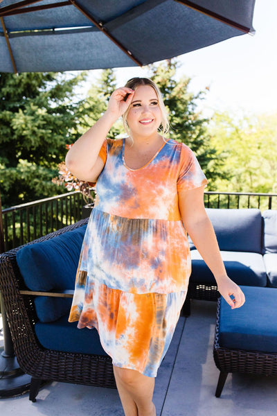 Tiered Tie Dye Dress In Orange & Blue