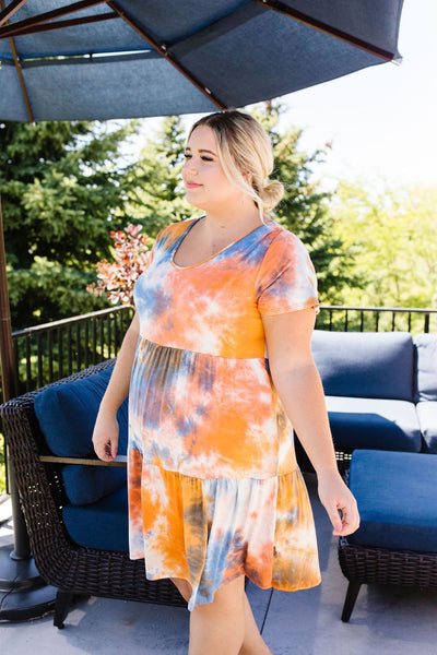 Tiered Tie Dye Dress In Orange & Blue