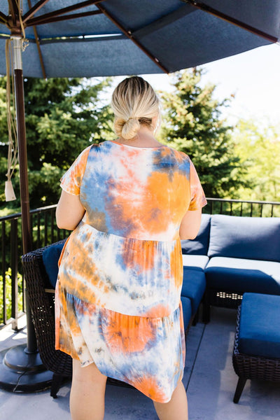 Tiered Tie Dye Dress In Orange & Blue