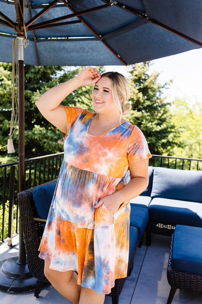 Tiered Tie Dye Dress In Orange & Blue