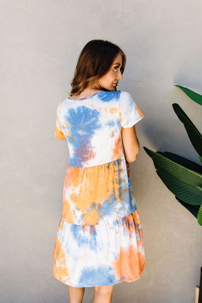 Tiered Tie Dye Dress In Orange & Blue