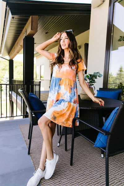 Tiered Tie Dye Dress In Orange & Blue