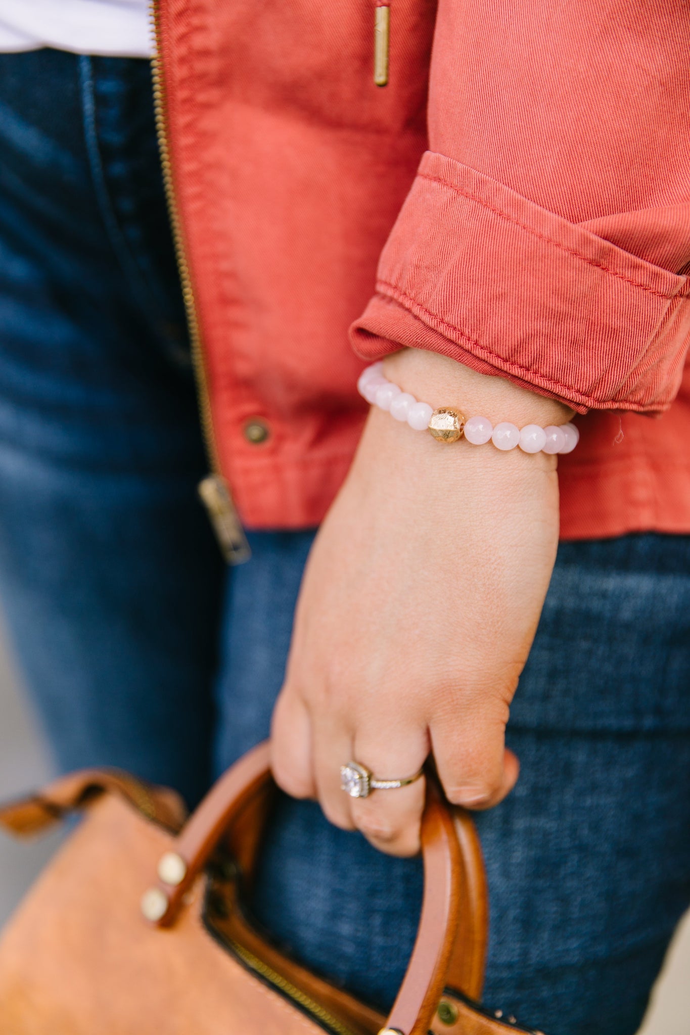 Touch Of Gold Stone Bracelet In Rose Quartz