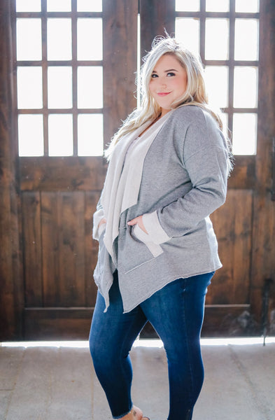 Tres Chic French Terry Cardigan In Gray