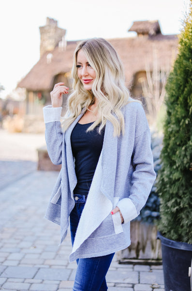 Tres Chic French Terry Cardigan In Gray