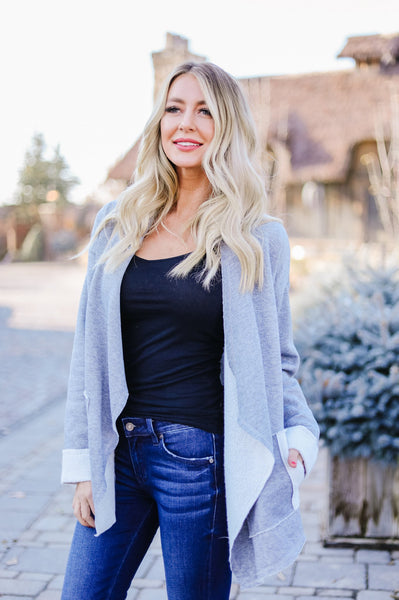 Tres Chic French Terry Cardigan In Gray