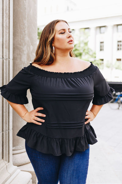 Tucks + Ruffles Off Shoulder Top In Black