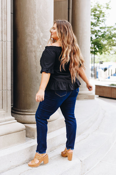 Tucks + Ruffles Off Shoulder Top In Black