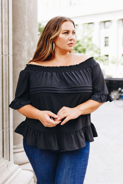 Tucks + Ruffles Off Shoulder Top In Black