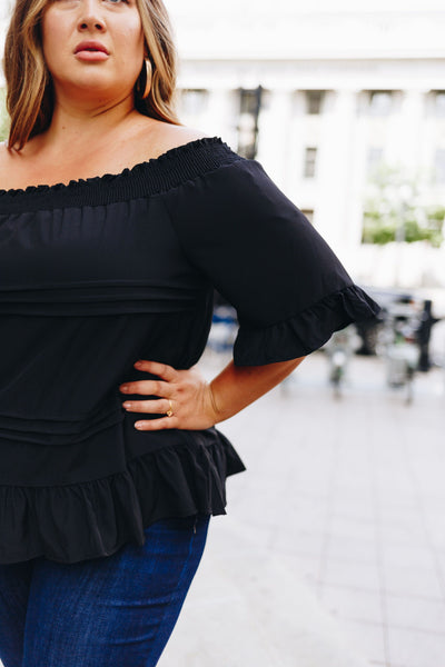 Tucks + Ruffles Off Shoulder Top In Black