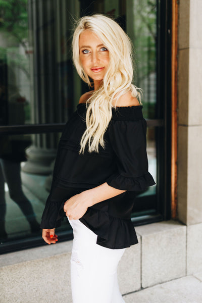 Tucks + Ruffles Off Shoulder Top In Black