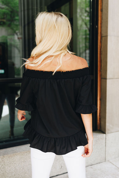 Tucks + Ruffles Off Shoulder Top In Black