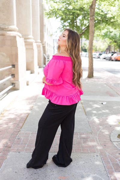 Tucks + Ruffles Off Shoulder Top In Carnation Pink