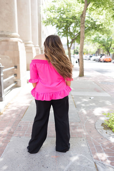 Tucks + Ruffles Off Shoulder Top In Carnation Pink