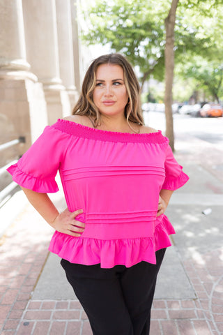 Tucks + Ruffles Off Shoulder Top In Carnation Pink