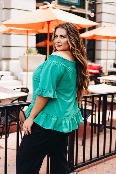 Tucks + Ruffles Off Shoulder Top In Spearmint