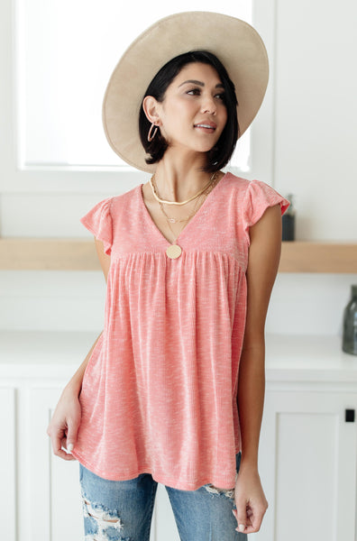 Ribbed Flutter Sleeve Top in Coral