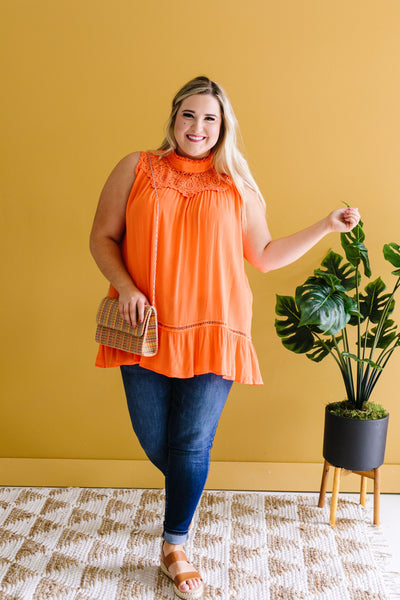 Victoria Lace Mock Neck Top In Orange