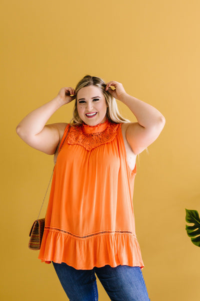 Victoria Lace Mock Neck Top In Orange